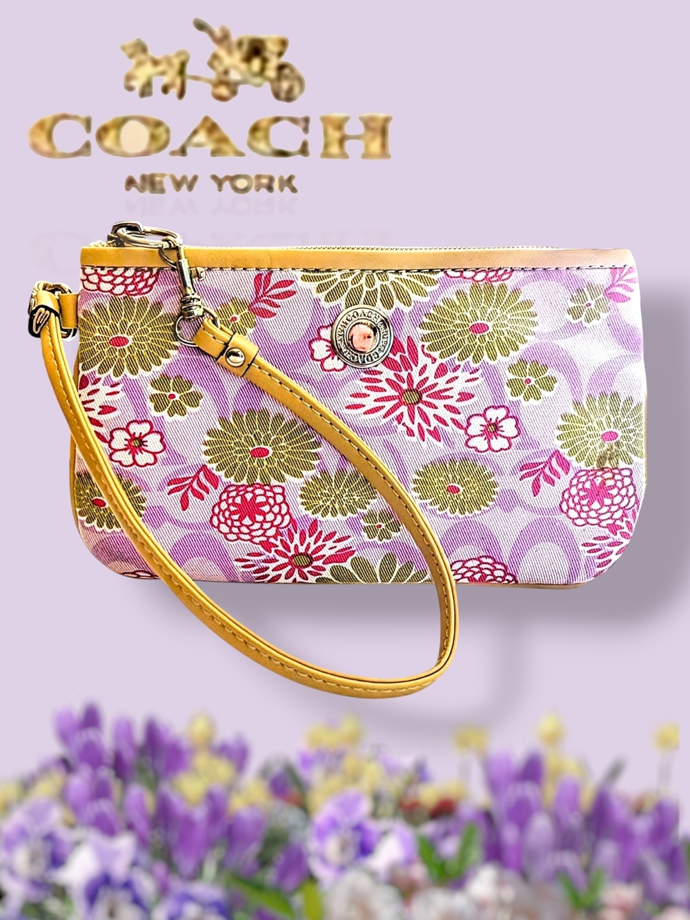 💗 Coach Gorgeous Pink Floral Wristlet, Canvas and Tan Leather